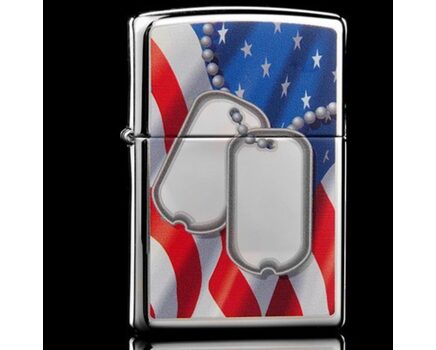 Купите зажигалку Zippo 28291 Flag And Dog Tags High Polish Chrome (зеркальный хром, рисунок армейских жетонов на фоне флага США) в интернет-магазине